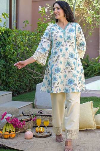 Mirror Work Off White Cotton Blend Co Ords for Women
