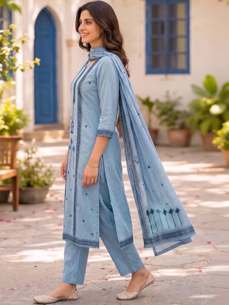 Women Ethnic Motifs Printed Regular Pure Cotton Kurta with Trousers & With Dupatta