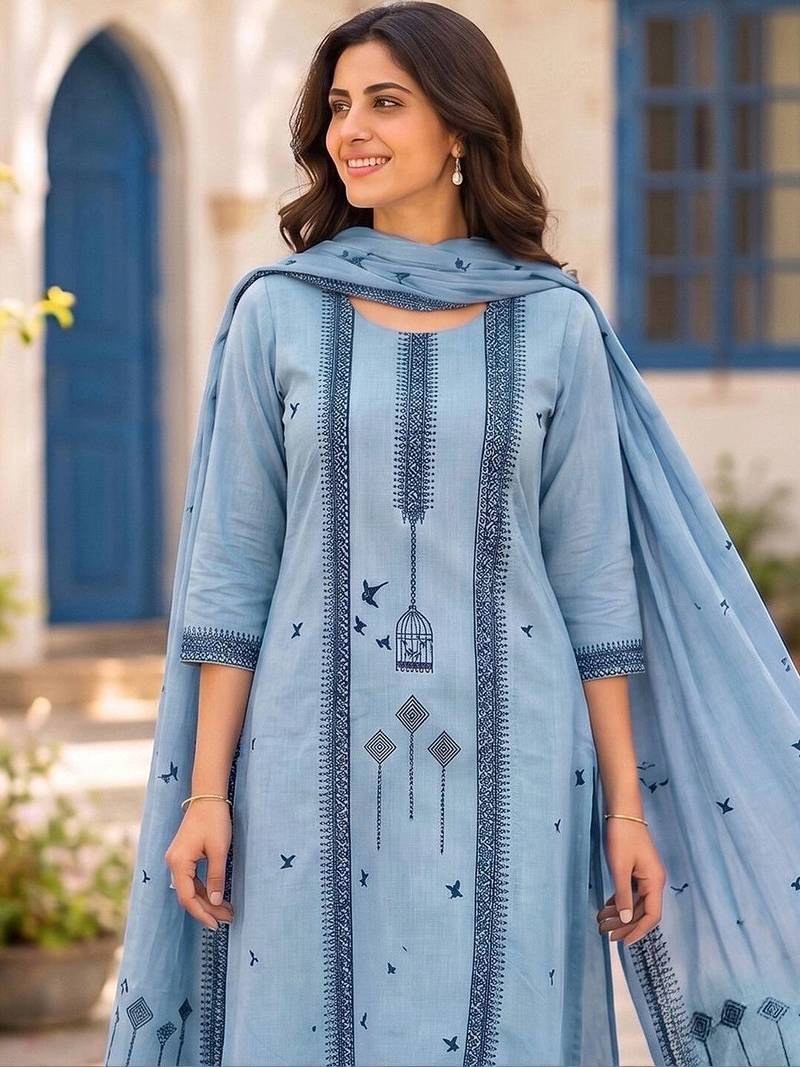 Women Ethnic Motifs Printed Regular Pure Cotton Kurta with Trousers & With Dupatta