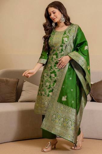 Women Ethnic Motifs Woven Design Regular Zari Kurta with Trousers & Dupatta