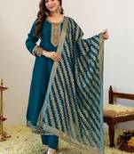 Women Ethnic Motifs Embroidered Tiered Thread Work Kurta with Trousers & With Dupatta