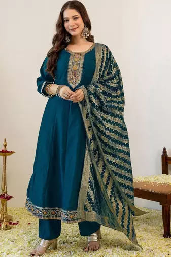 Women Ethnic Motifs Embroidered Tiered Thread Work Kurta with Trousers & With Dupatta