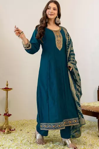 Women Ethnic Motifs Embroidered Tiered Thread Work Kurta with Trousers & With Dupatta