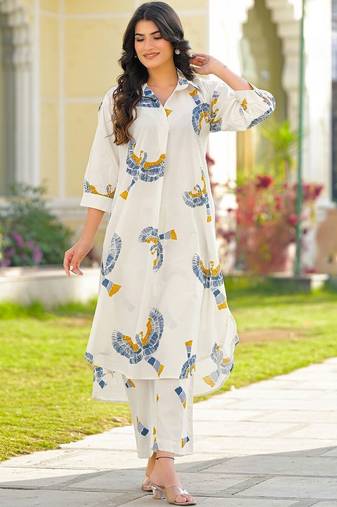Printed Off White Cotton Co Ords for Women