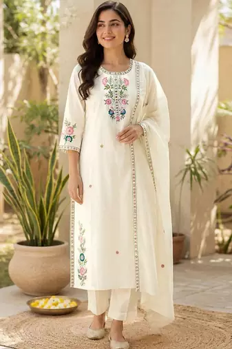 Women Floral Embroidered Regular Thread Work Pure Cotton Kurta with Trousers & With Dupatta