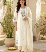 Women Floral Embroidered Regular Thread Work Pure Cotton Kurta with Trousers & With Dupatta