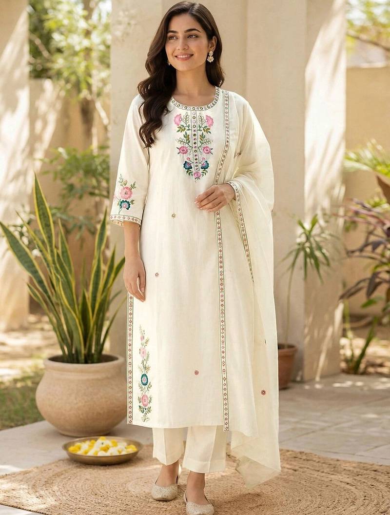 Women Floral Embroidered Regular Thread Work Pure Cotton Kurta with Trousers & With Dupatta