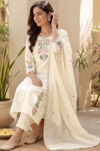Women Floral Embroidered Regular Thread Work Pure Cotton Kurta with Trousers & With Dupatta