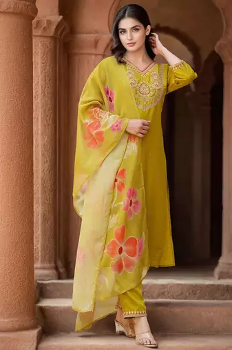 Women Embroidered Straight Kurta Trousers With Dupatta