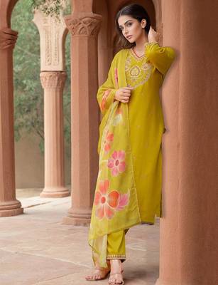 Women Embroidered Straight Kurta Trousers With Dupatta 3