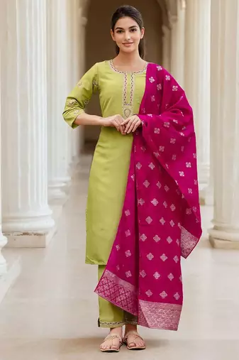 Women Ethnic Motifs Embroidered Kurta with Trouser & Dupatta