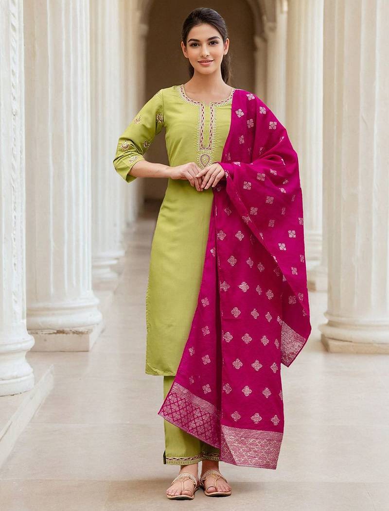 Women Ethnic Motifs Embroidered Kurta with Trouser & Dupatta