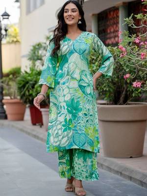 Printed Turquoise Viscose Rayon Co Ords for Women 1