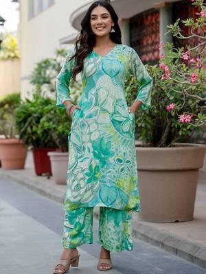 Printed Turquoise Viscose Rayon Co Ords for Women 4