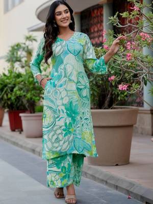 Printed Turquoise Viscose Rayon Co Ords for Women 5