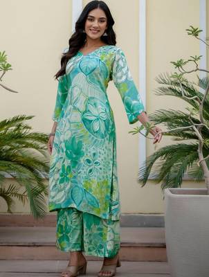 Printed Turquoise Viscose Rayon Co Ords for Women 6