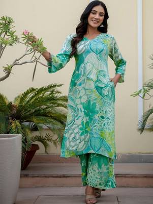 Printed Turquoise Viscose Rayon Co Ords for Women 7