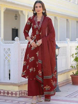 Women Ethnic Motifs Printed Regular Mirror Work Pure Cotton Kurta with Palazzos & With Dupatta 1