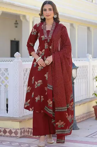 Women Ethnic Motifs Printed Regular Mirror Work Pure Cotton Kurta with Palazzos & With Dupatta