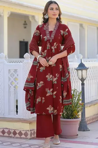 Women Ethnic Motifs Printed Regular Mirror Work Pure Cotton Kurta with Palazzos & With Dupatta