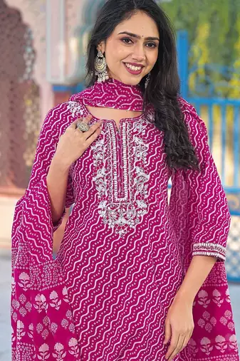 Women Bandhani Printed Regular Sequinned Kurta with Trousers & Dupatta