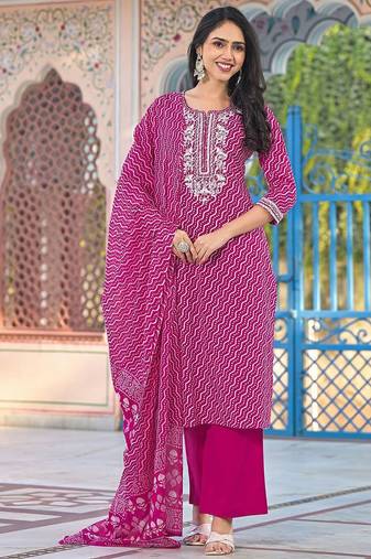 Women Bandhani Printed Regular Sequinned Kurta with Trousers & Dupatta