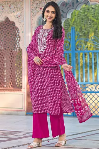 Women Bandhani Printed Regular Sequinned Kurta with Trousers & Dupatta