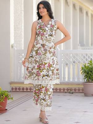 Printed Off White Cotton Co Ords for Women 1