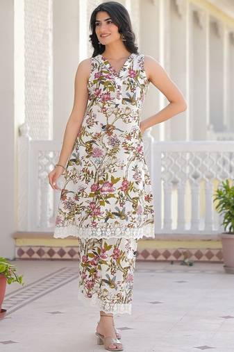 Printed Off White Cotton Co Ords for Women