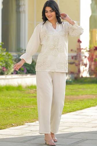 Embroidered Off White Cotton Blend Co Ords for Women