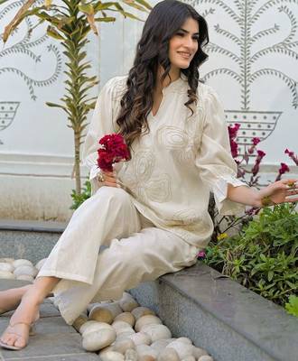 Embroidered Off White Cotton Blend Co Ords for Women 6