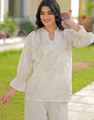 Embroidered Off White Cotton Blend Co Ords for Women 7