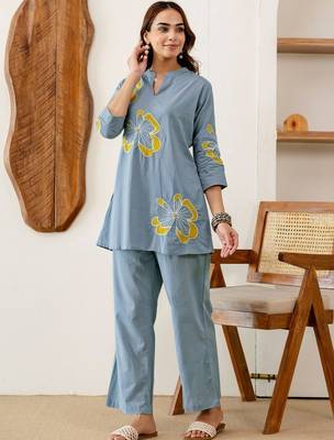 Embroidered Light Blue Viscose Rayon Co Ords for Women 1