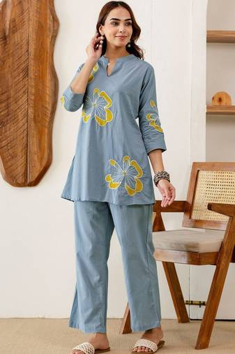 Embroidered Light Blue Viscose Rayon Co Ords for Women