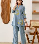 Embroidered Light Blue Viscose Rayon Co Ords for Women
