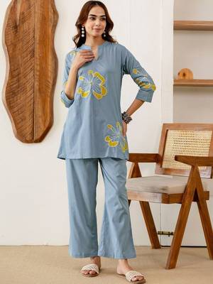 Embroidered Light Blue Viscose Rayon Co Ords for Women 4