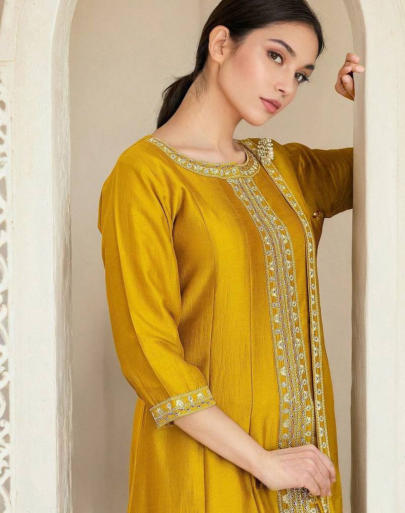 Floral Embroidered Panelled A-Line Kurta With Trousers & Dupatta
