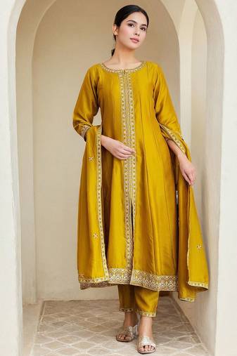 Floral Embroidered Panelled A-Line Kurta With Trousers & Dupatta