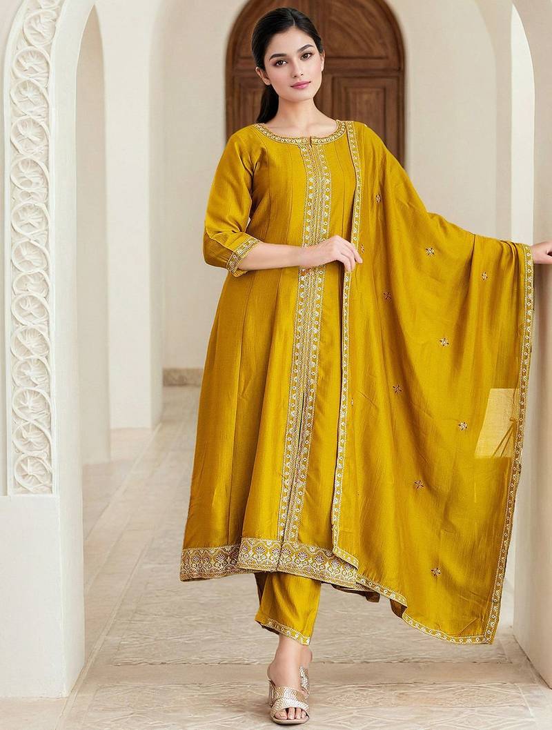 Floral Embroidered Panelled A-Line Kurta With Trousers & Dupatta