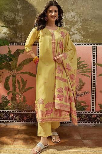Women Ethnic Motifs Printed Regular Pure Cotton Kurta with Trousers & With Dupatta