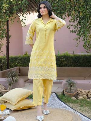 Embroidered Yellow Viscose Rayon Co Ords for Women 1