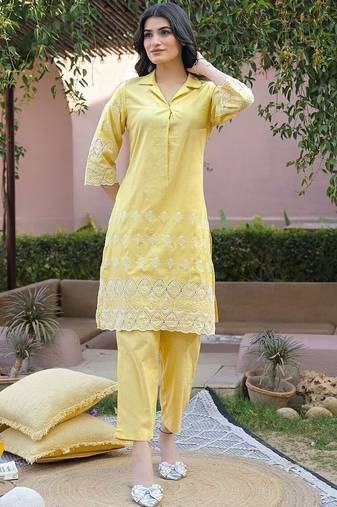 Embroidered Yellow Viscose Rayon Co Ords for Women