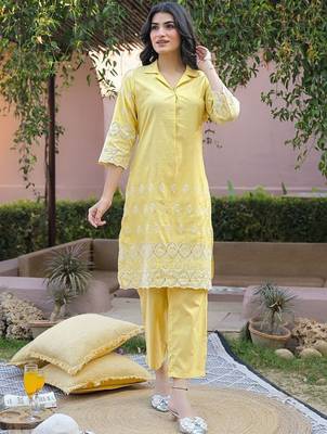 Embroidered Yellow Viscose Rayon Co Ords for Women 2