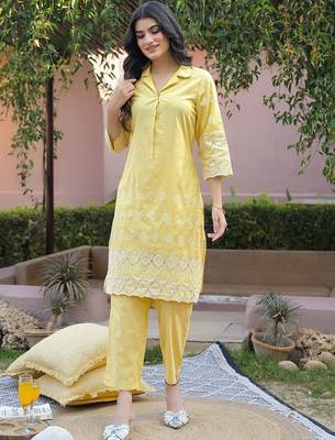 Embroidered Yellow Viscose Rayon Co Ords for Women 5