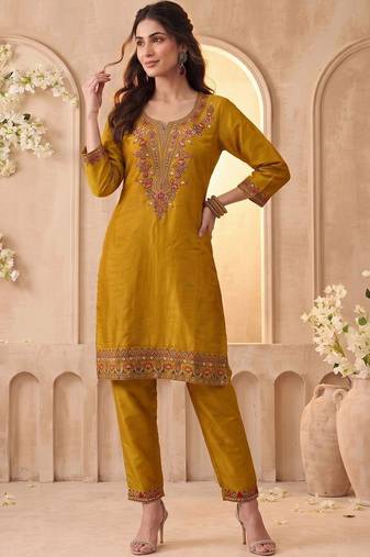 Embroidery Work Mustard Yellow Silk Blend Co Ords for Women