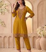 Embroidery Work Mustard Yellow Silk Blend Co Ords for Women