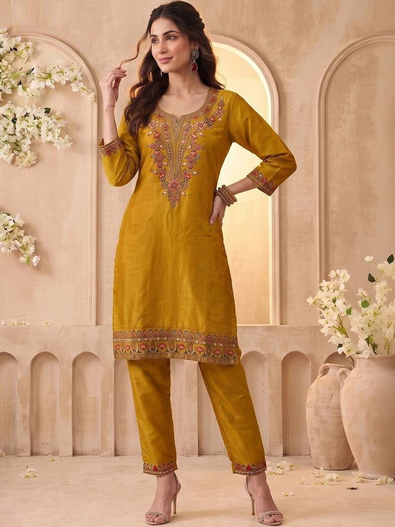Embroidery Work Mustard Yellow Silk Blend Co Ords for Women