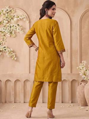 Embroidery Work Mustard Yellow Silk Blend Co Ords for Women 2