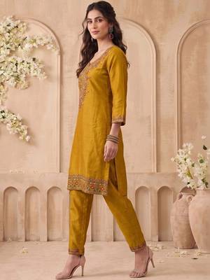 Embroidery Work Mustard Yellow Silk Blend Co Ords for Women 3