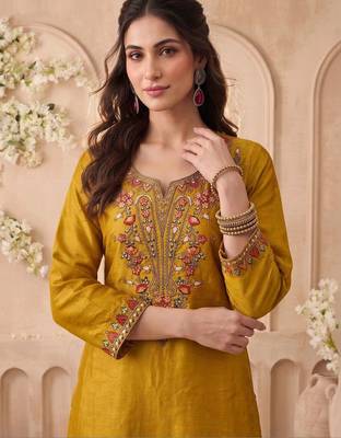Embroidery Work Mustard Yellow Silk Blend Co Ords for Women 5